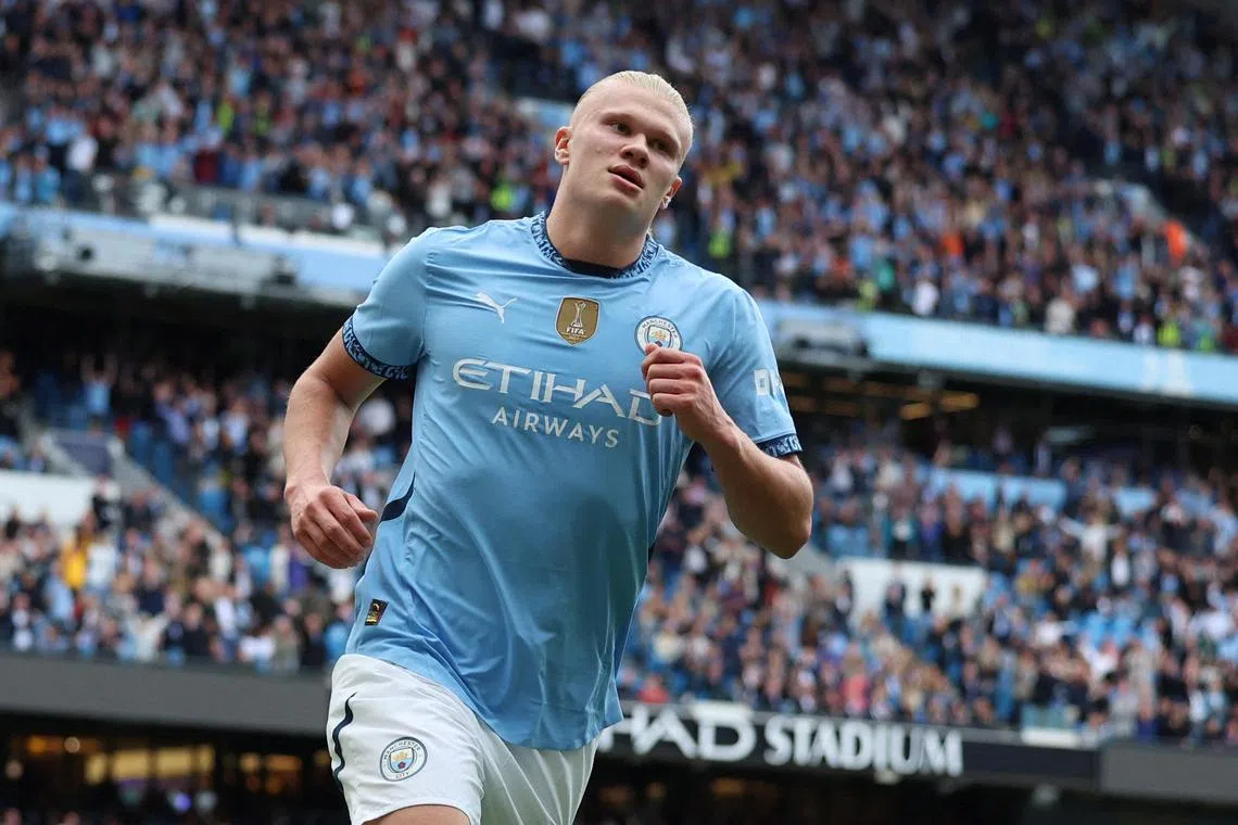 Erling Haaland celebrating his second goal and Manchester City's winner during their 2-1 English Premier League triumph over Brentford on Sept 14.