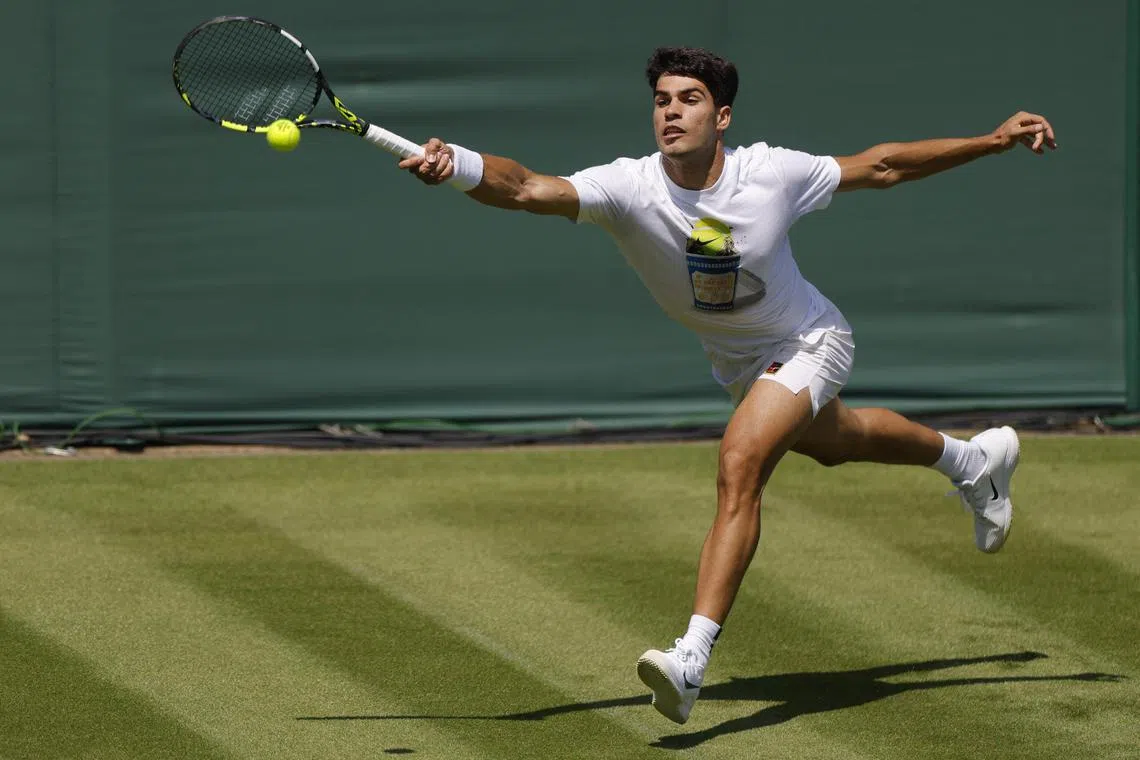 Carlos Alcaraz during practice at the All England Lawn Tennis and Croquet Club in London on June 27.