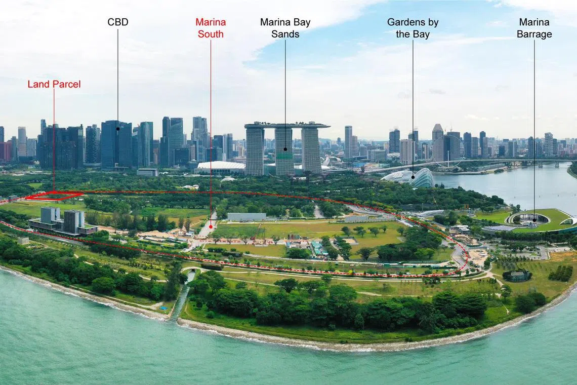 A residential site on Marina Gardens Lane is a new site introduced in the half-year period, located in the Marina South precinct next to Gardens by the Bay. The Marina Gardens Lane site is etched in red in this aerial view of Marina South.