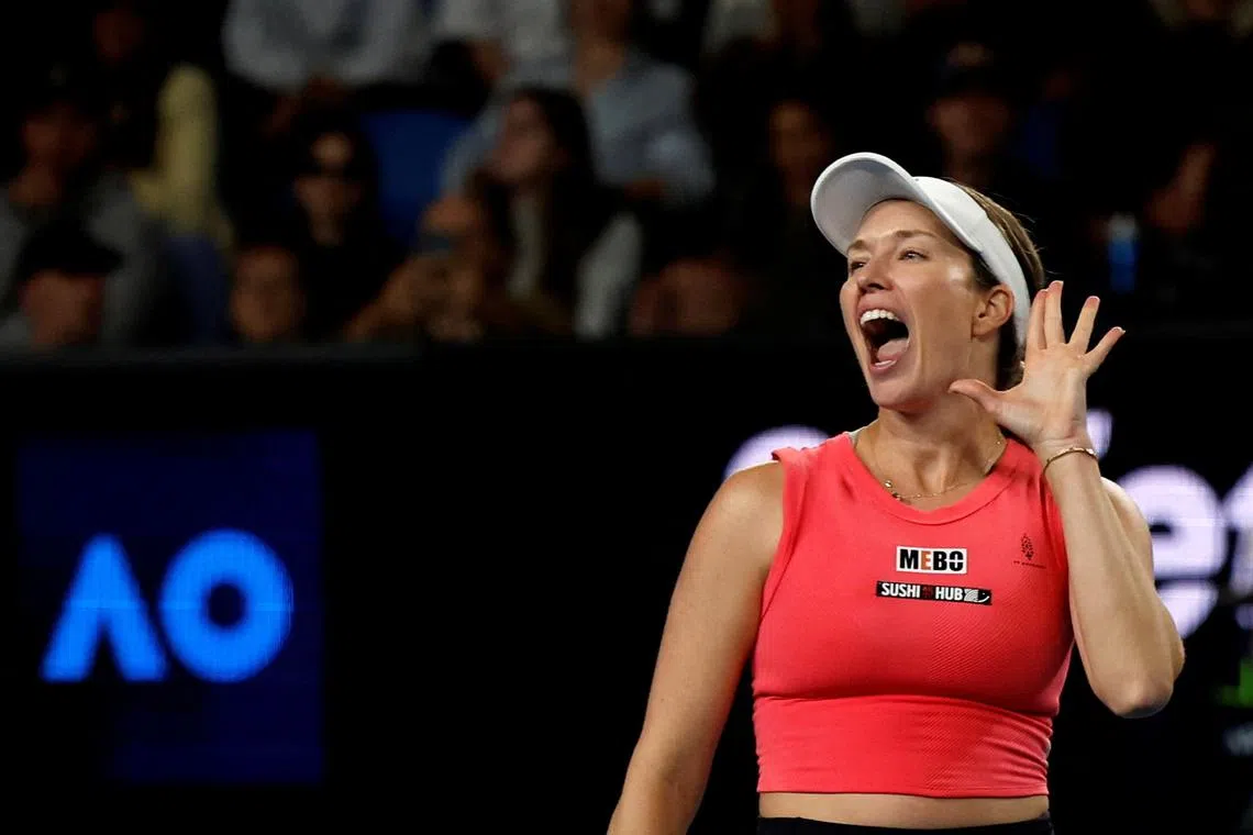 Tennis - Australian Open - Melbourne Park, Melbourne, Australia - January 16, 2025 Danielle Collins of the U.S. celebrates winning her second round match against Australia's Destanee Aiava REUTERS/Francis Mascarenhas