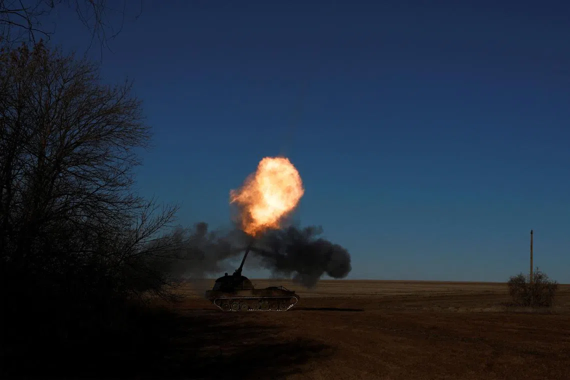 The Ukrainian army fire a German howitzer Panzerhaubitze 2000, near Soledar, Ukraine, on Jan 11, 2023.