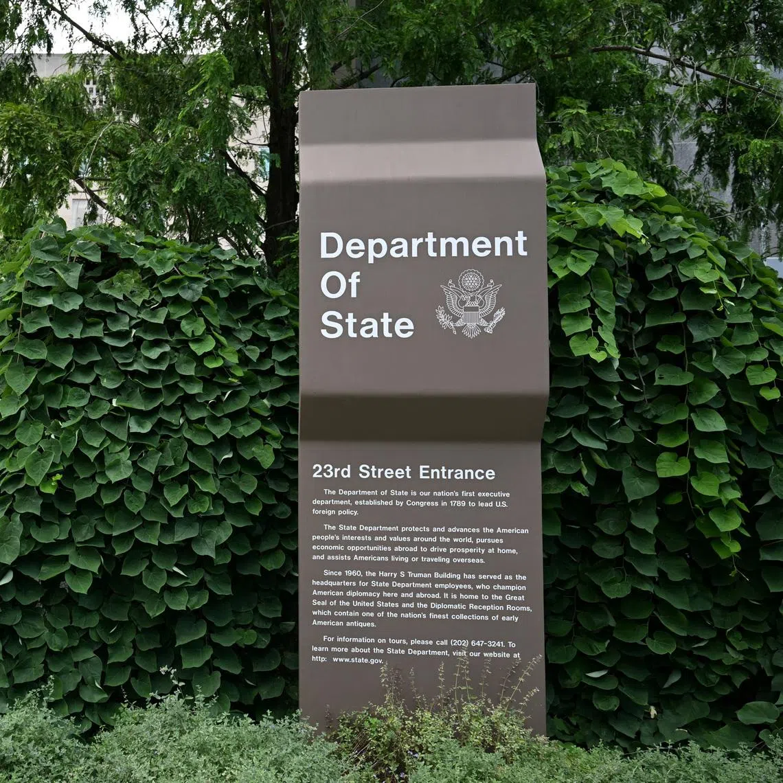 A general view of a U.S. State Department sign outside the U.S. State Department building in Washington, D.C., U.S., July 11, 2025. REUTERS/Annabelle Gordon