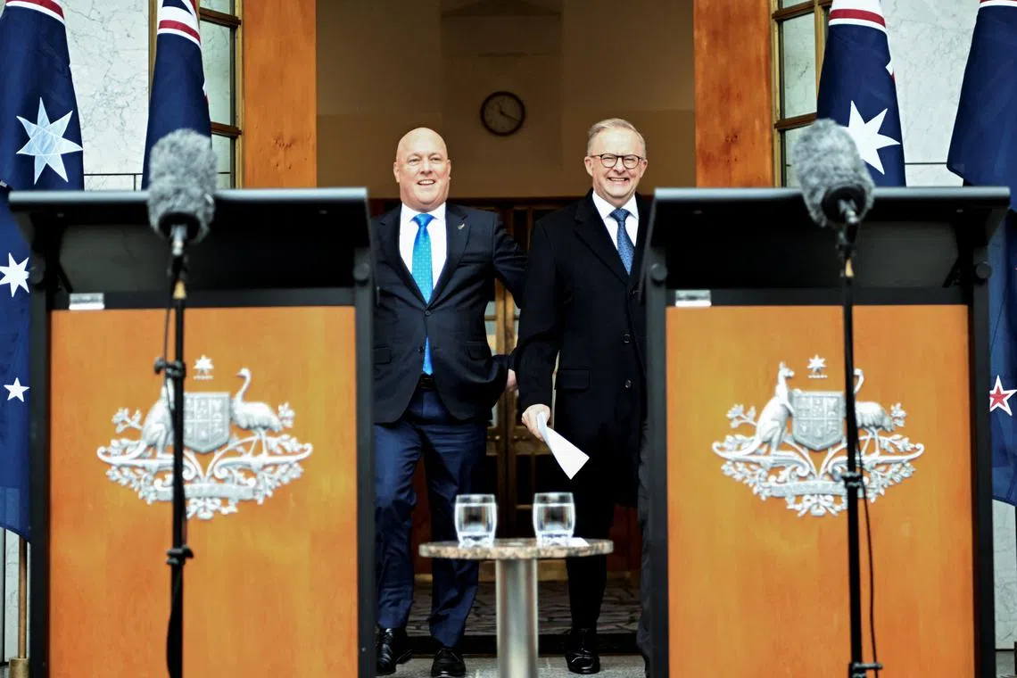 Australia's Prime Minister Anthony Albanese and New Zealand's Prime Minister Christopher Luxon attend a press conference at the Australian Parliament House in Canberra, Australia, August 16, 2024. REUTERS/Tracey Nearmy