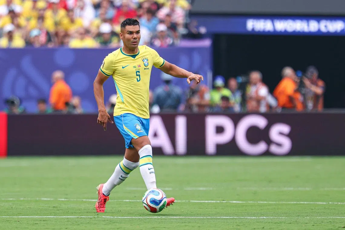 Jul 5, 2026; East Rutherford, New Jersey, USA; Brazil midfielder Casemiro (5) in action against Norway during a Round of 16 match of the 2026 FIFA World Cup at New York New Jersey Stadium. Mandatory Credit: Vincent Carchietta-Imagn Images