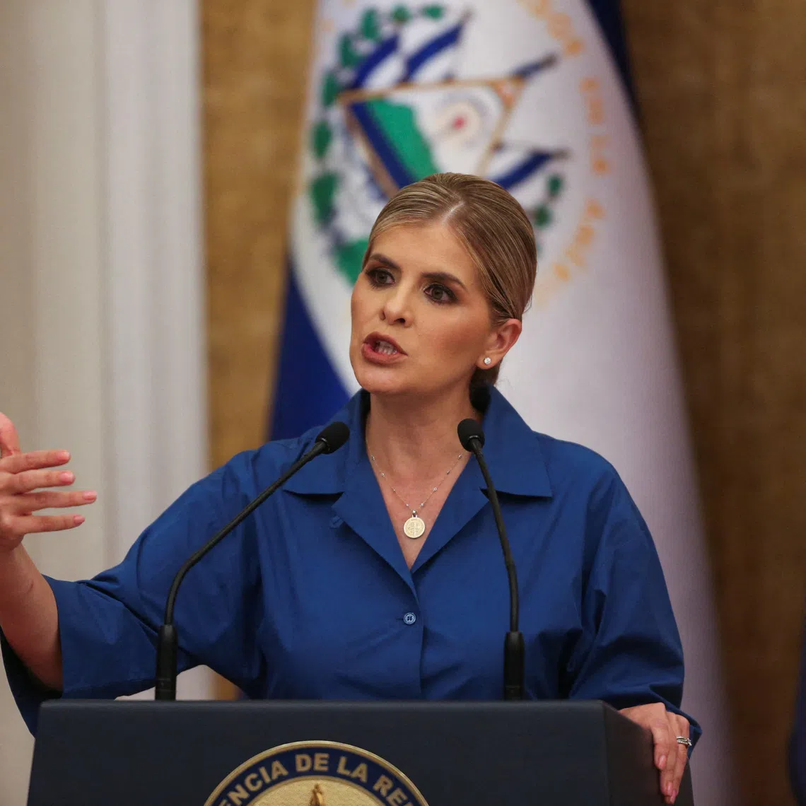 Costa Rica's President Laura Fernandez attends a press conference at the Presidential House in San Salvador, El Salvador, October 16, 2026. REUTERS/Jose Cabezas