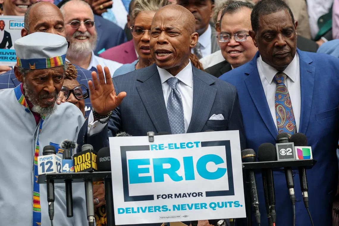 New York City Mayor Eric Adams announces his re-election campaign as an independent after leaving the Democratic Party, at City Hall in New York City, U.S., June 26, 2025. REUTERS/Kylie Cooper