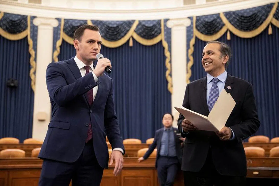 Committee chairman U.S. Rep. Mike Gallagher (R-WI) and U.S. Rep. Raja Krishnamoorthi (D-IL) talk over procedures with their members during a House Select Committee on the Strategic Competition Between the United States and the Chinese Communist Party meeting on \"Taiwan Tabletop Exercise (TTX),\" a war games simulation, on Capitol Hill in Washington, U.S., April 19, 2023. REUTERS/Amanda Andrade Rhoades/ File Photo