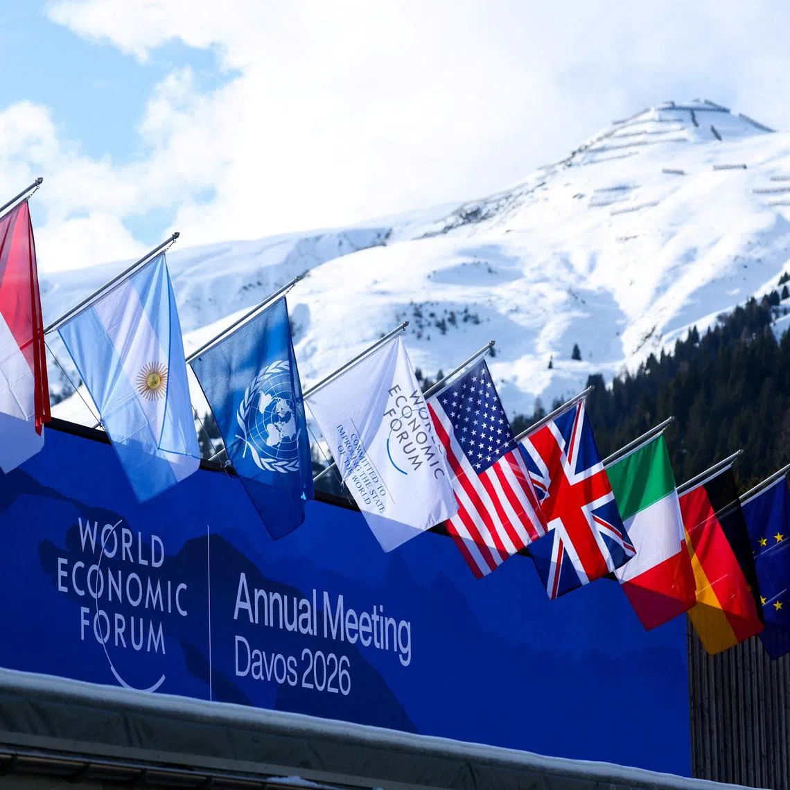 FILE PHOTO: Flags flutter during the 56th annual World Economic Forum (WEF) meeting, in Davos, Switzerland, January 19, 2026. REUTERS/Denis Balibouse/File Photo