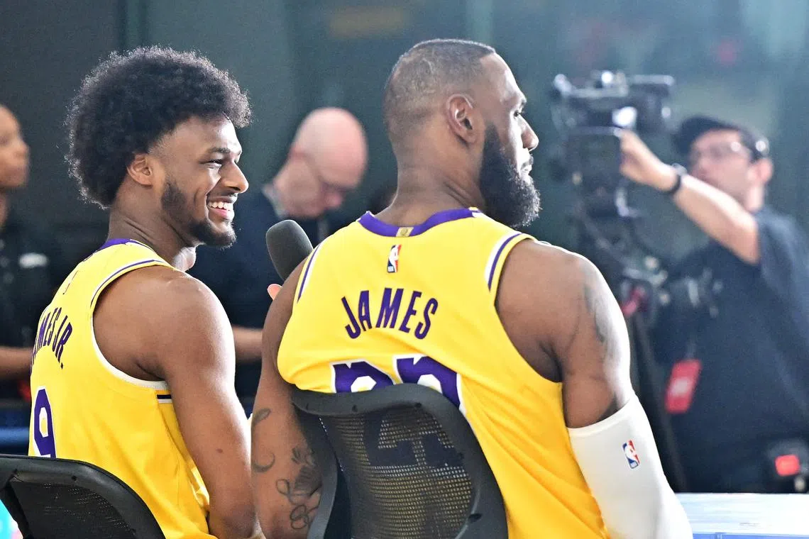 Los Angeles Lakers star LeBron James (right) and his son and teammate Bronny James attending the Lakers media day at UCLA Health Training Centre in El Segundo, California, on Sept 30.