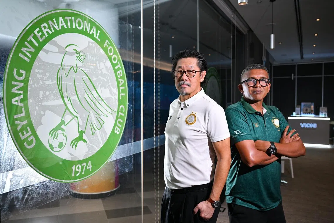 Chairman Desmond Gay (left) with head coach Noor Ali during the Geylang International FC meet and greet session for the upcoming Singapore Premier League season at Our Tampines Hub on Aug 5.