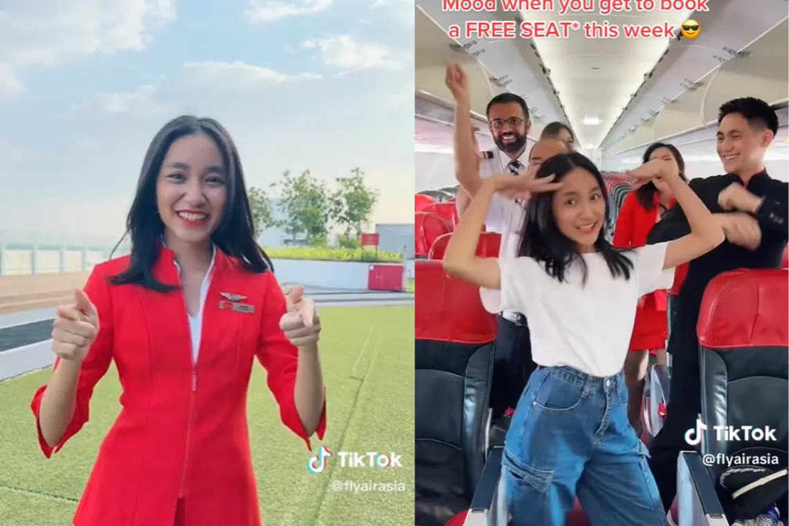 Screenshots show teen Zoe Gabriel, who was mocked online for describing a Charles & Keith bag "luxlury", now in two videos on AirAsia's TikTok page.