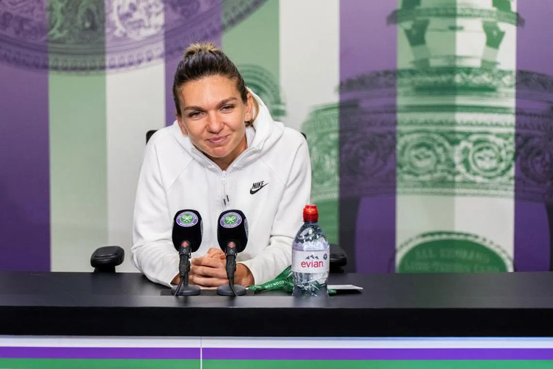 Tennis - Wimbledon - All England Lawn Tennis and Croquet Club, London, Britain - July 7, 2022 Romania's Simona Halep during a press conference after losing her semi final match against Kazakhstan's Elena Rybakina Jon Super/Pool via REUTERS/File Photo