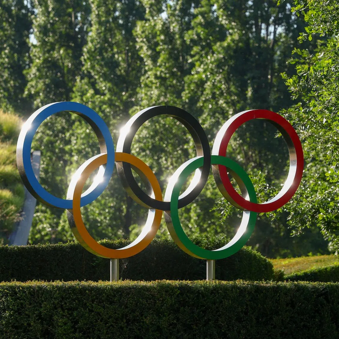 Olympic rings in front of the International Olympic Committee (IOC), during an Executive Board meeting at the Olympic House in Lausanne, Switzerland, June 22, 2026. REUTERS/Denis Balibouse