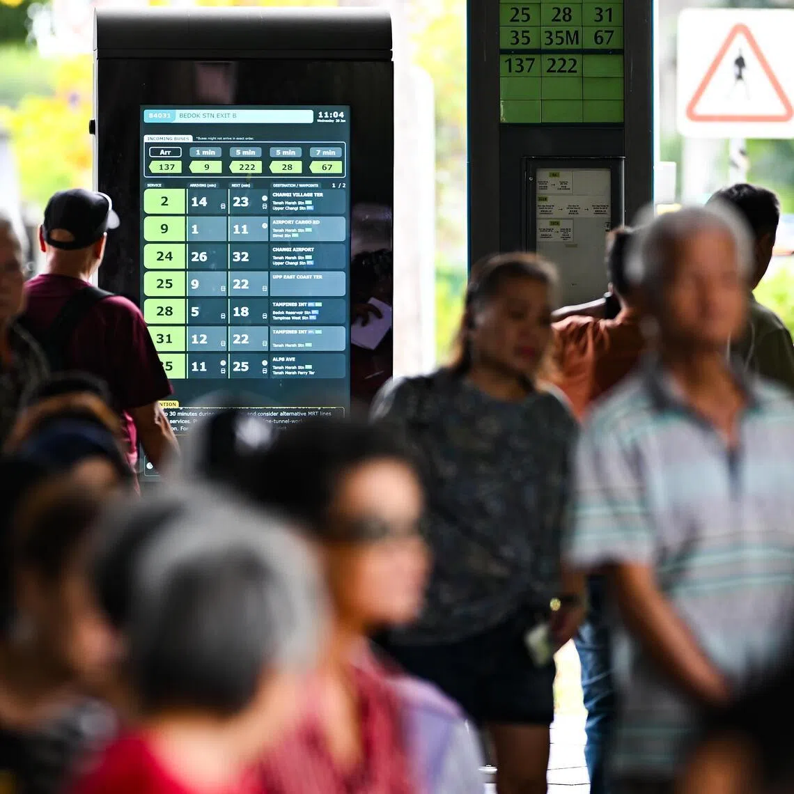 ST20260128-202662000971-Lim Yaohui-pixbus28/

Bus arrival timings from a bus stop display at 11.05am along New Upper Changi Road outside Bedok MRT station Exit B on Jan 28, 2026. 

The expected time of arrival system used to communicate bus timings on bus stop displays and apps will be restored to 85 per cent by the morning of Jan 28.

The entire system will be fully recovered only early next week, about one week after the expected recovery date of Jan 26 which was announced earlier.

Sharing this information in a press release on Jan 27, the Land Transport Authority (LTA) said it has finished manually updating the firmware for 3,000 affected buses which were identified in the week of Jan 19.

(ST PHOTO: LIM YAOHUI)