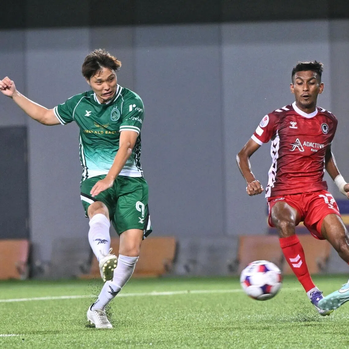 Singapore Premier League match between (red) Tanjong Pagar United and Geylang International at Our Tampines Hub on Oct 18, 2025.