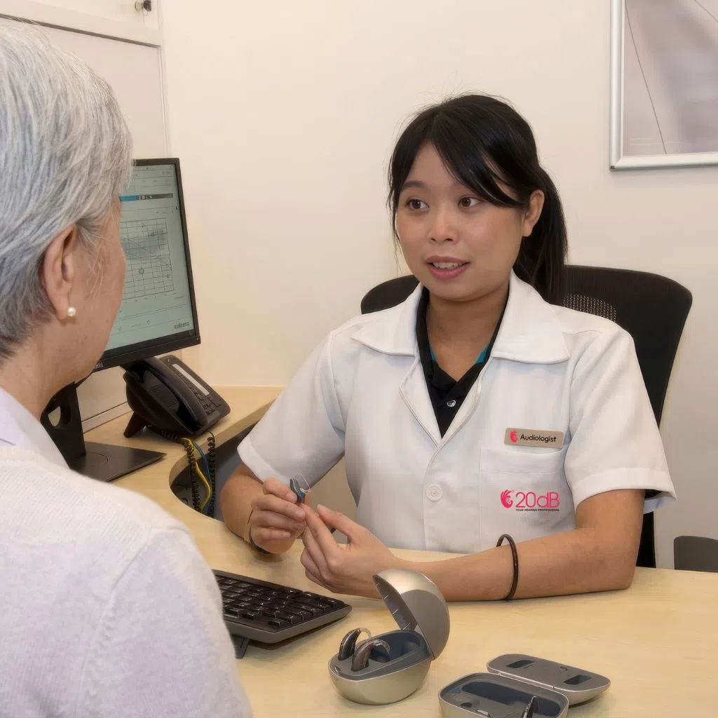 An audiologist from 20dB Hearing discusses a patient’s hearing concerns and needs before recommending a personalised hearing solution. 