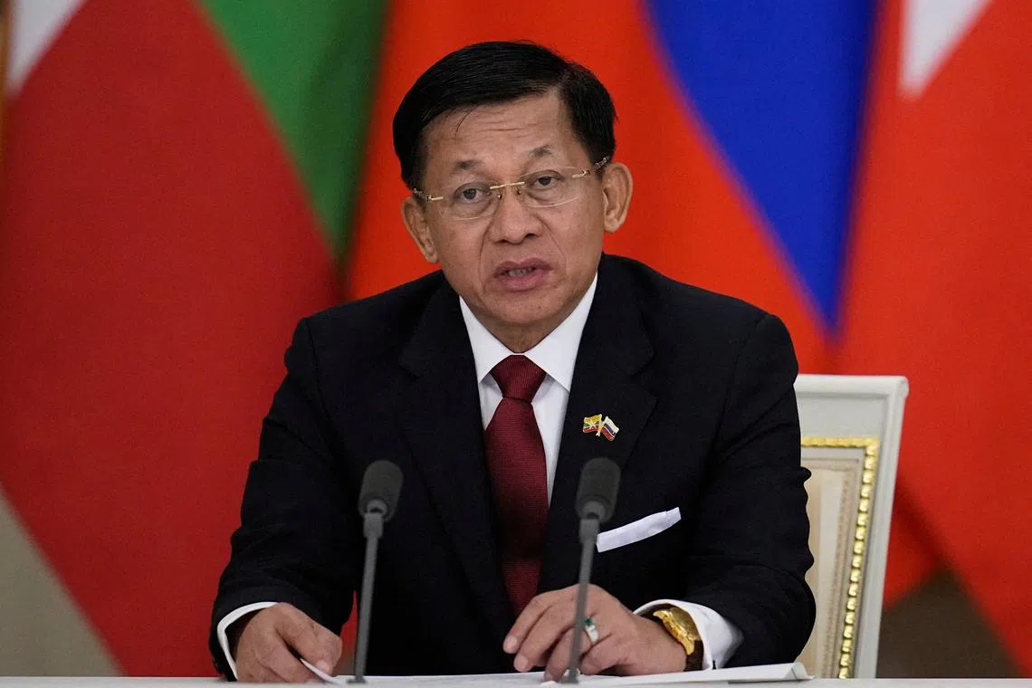 FILE PHOTO: Myanmar's military chief Senior General Min Aung Hlaing attends a press conference following talks with Russia's President Vladimir Putin in Moscow, Russia, March 4, 2025. Pavel Bednyakov/Pool via REUTERS/File Photo