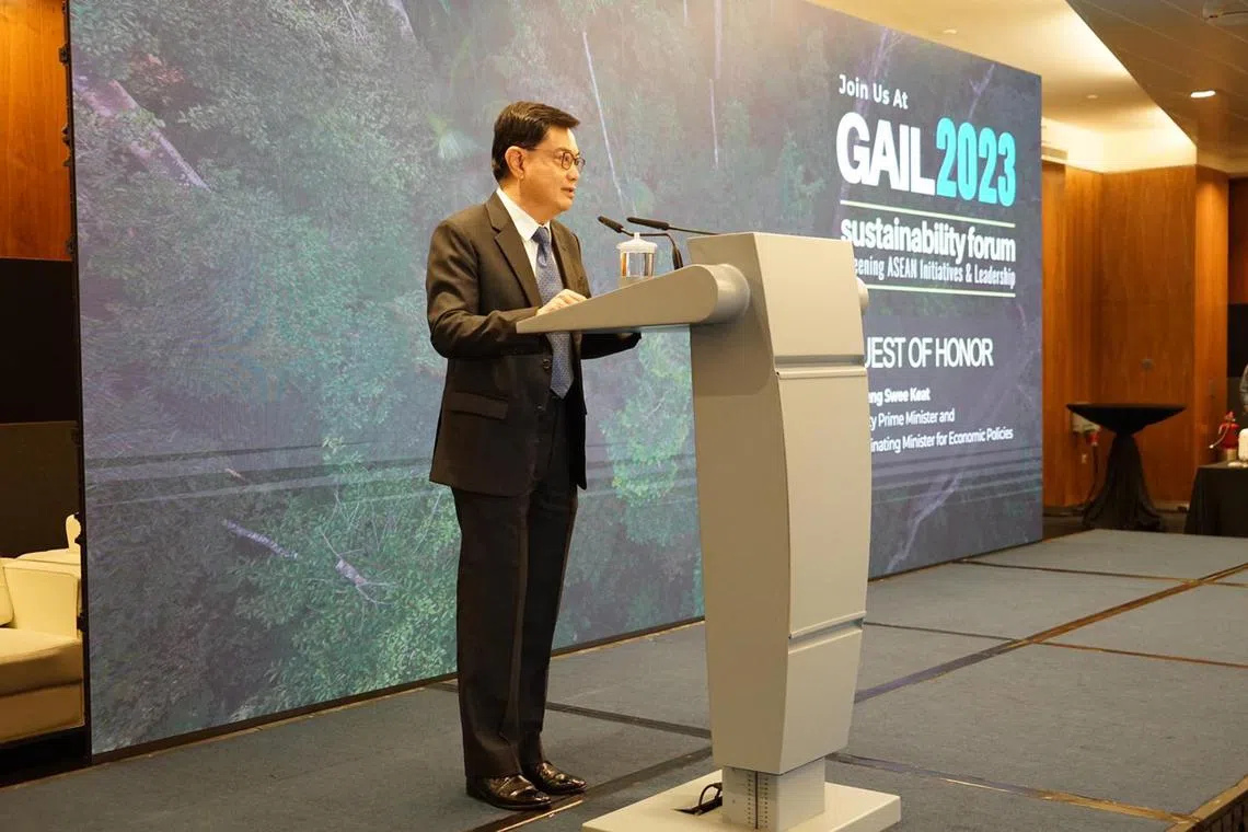 DPM Heng Swee Keat speaking at the ONERHT Foundation's annual Greening Asean: Initiatives and Leadership Forum on July 20.