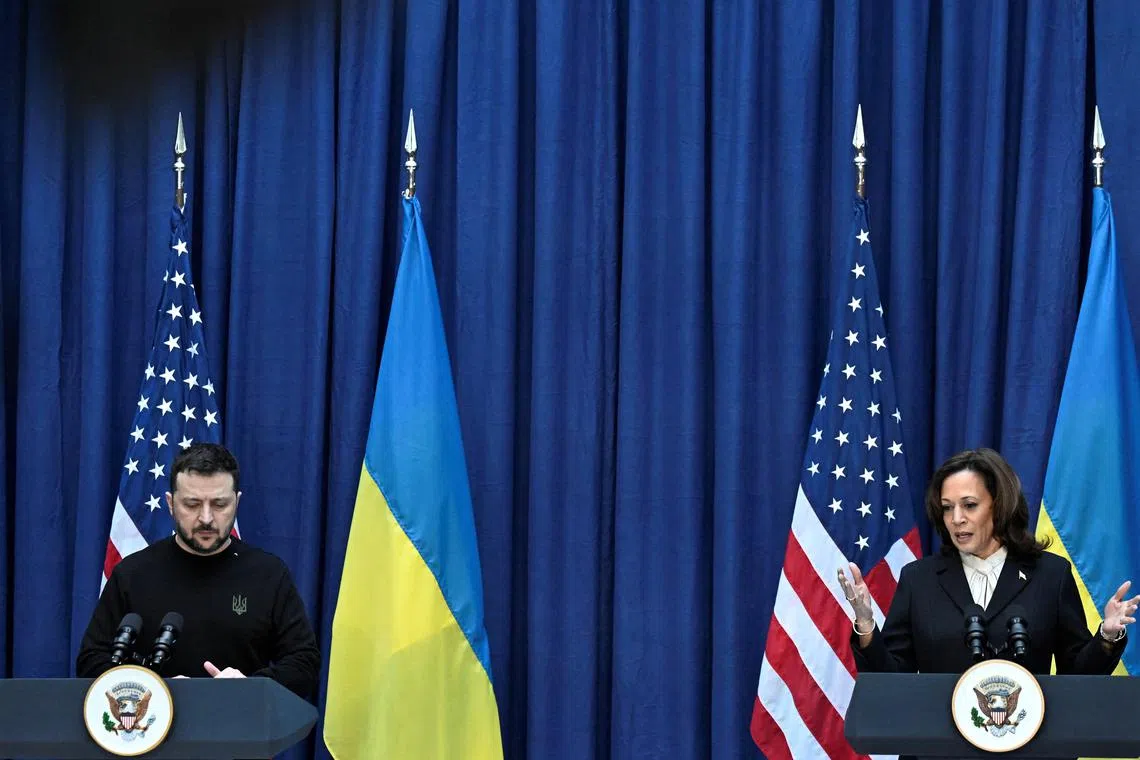 Ukrainian President Volodymyr Zelensky (left) and US Vice President Kamala Harris deliver a joint press conference during the Munich Security Conference in Germany.