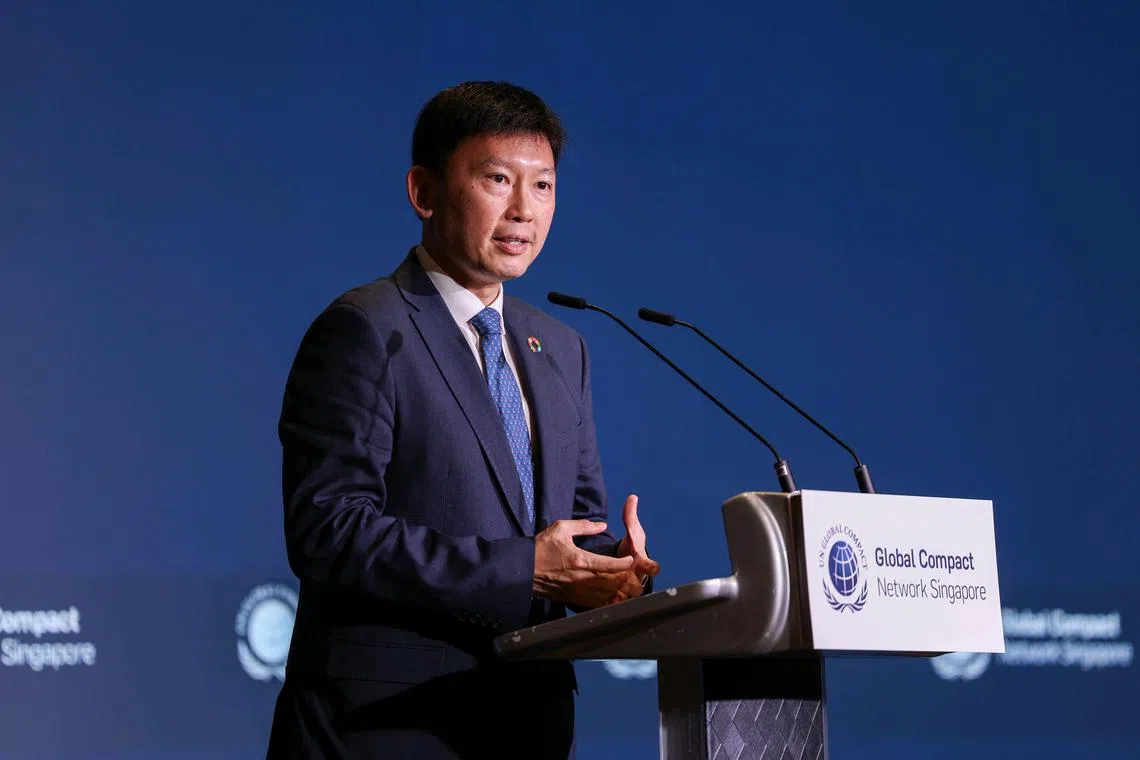 ST20241003_202417200835/sagreen03/Brian Teo/Sue-Ann Tan/Minister for Transport and Second Minister for Finance Chee Hong Tat speaking during the Global Compact Network Singapore Summit at One Farrer Hotel on October 3, 2024. ST PHOTO: BRIAN TEO