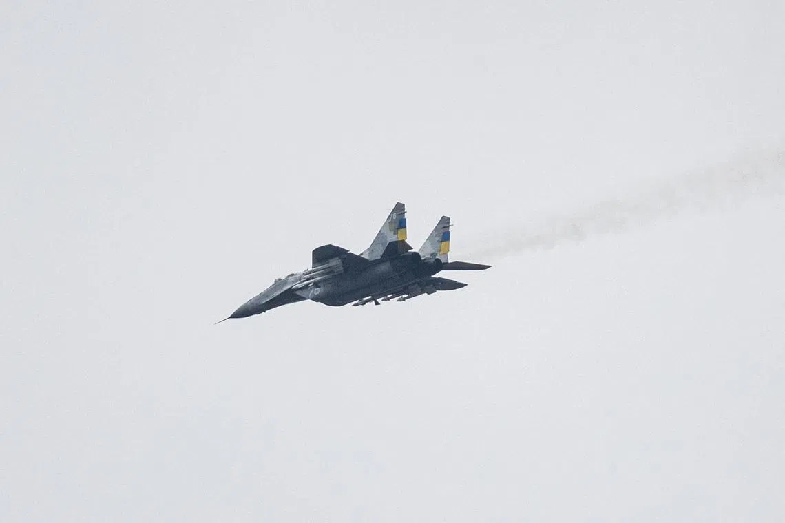 A MIG-29 Ukrainian fighter jet flying over eastern Ukraine. 