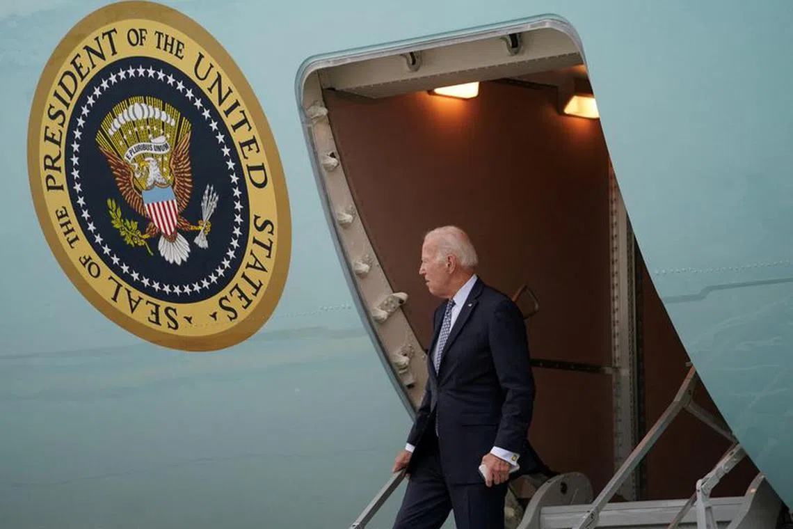 FILE PHOTO: U.S. President Joe Biden steps from Air Force One upon his arrival in New York, U.S. September 17,  2023. REUTERS/Kevin Lamarque/File Photo