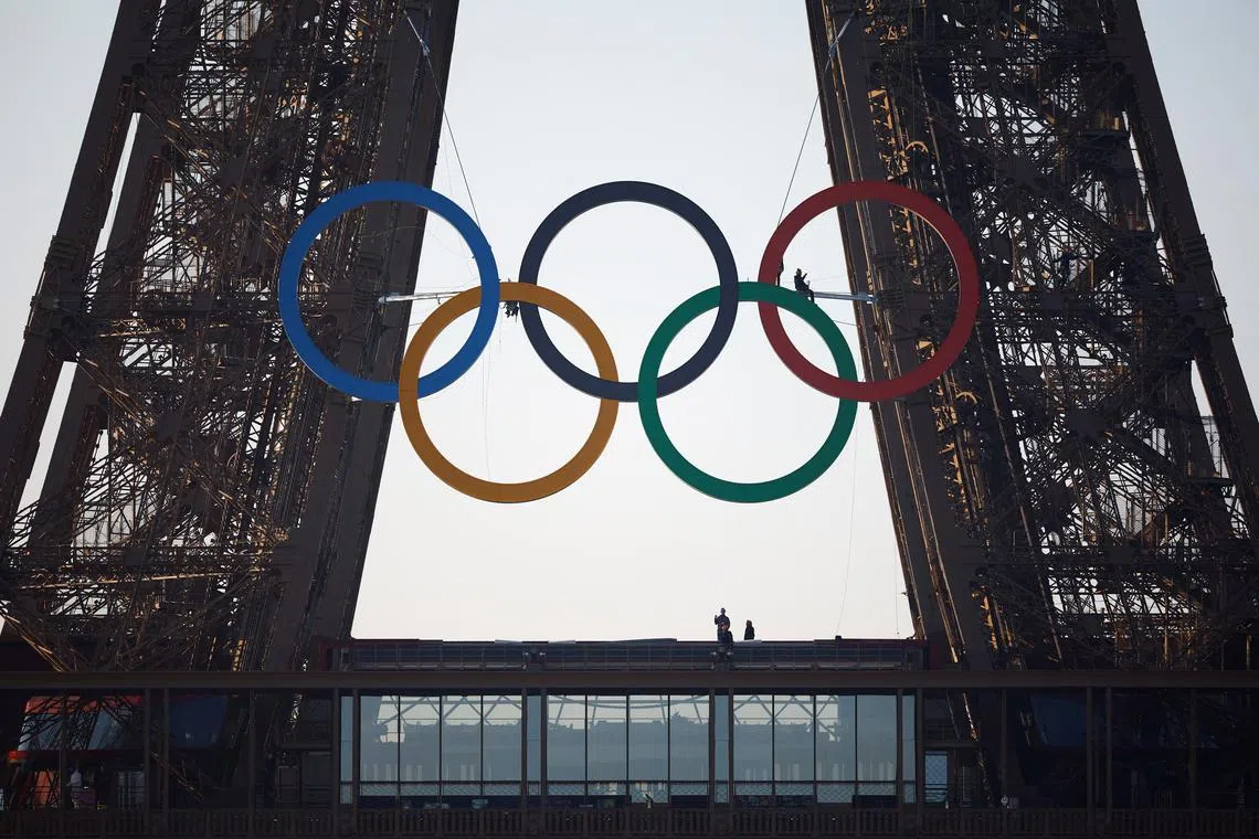 FILE PHOTO: The Olympic rings are displayed on the first floor of the Eiffel Tower ahead of the Paris 2024 Olympic games in Paris, France June 7, 2024. REUTERS/Sarah Meyssonnier/File Photo