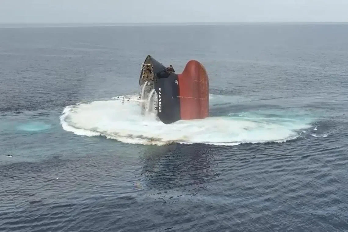 A Liberian-flagged bulker, Eternity C, sinking in the Red Sea on July 7 after being attacked off the coast of Yemen.
