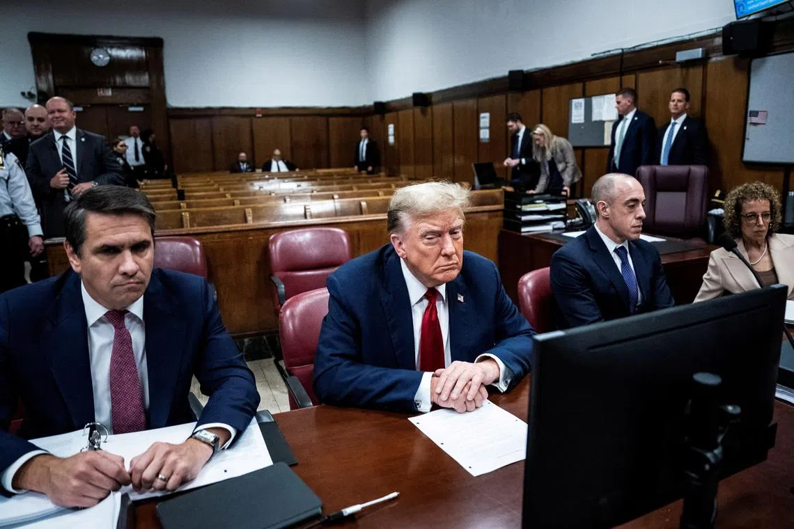 Former US president Donald Trump (centre) in the Manhattan courtroom with his legal team, ahead of the start of jury selection for his hush money trial.