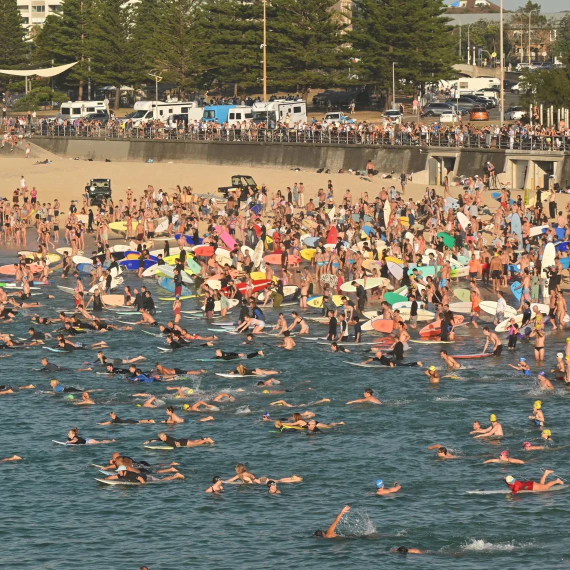 Surfers and swimmers gather for a paddle out to form a ring as a tribute at Bondi Beach on Dec 19.