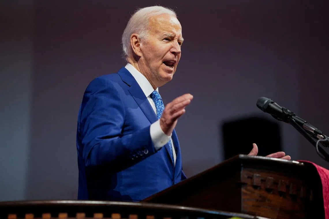 U.S. President Joe Biden delivers remarks at a church service at Mt Airy Church of God In Christ in Philadelphia, Pennsylvania, U.S., July 7, 2024. REUTERS/Nathan Howard