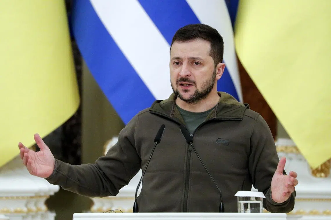 Ukrainian President Volodymyr Zelensky speaks during a joint news conference with Greek President Katerina Sakellaropoulou (not pictured) following their meeting at the Mariinskiy palace in Kyiv, Ukraine, November 3, 2022. 