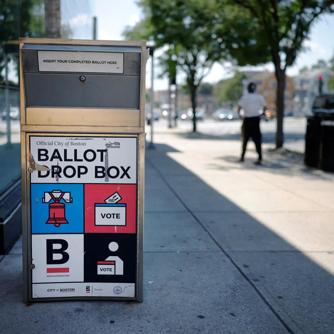 A ballot drop box outside a public library, ahead of the midterm primary election, in Boston on Aug 20.