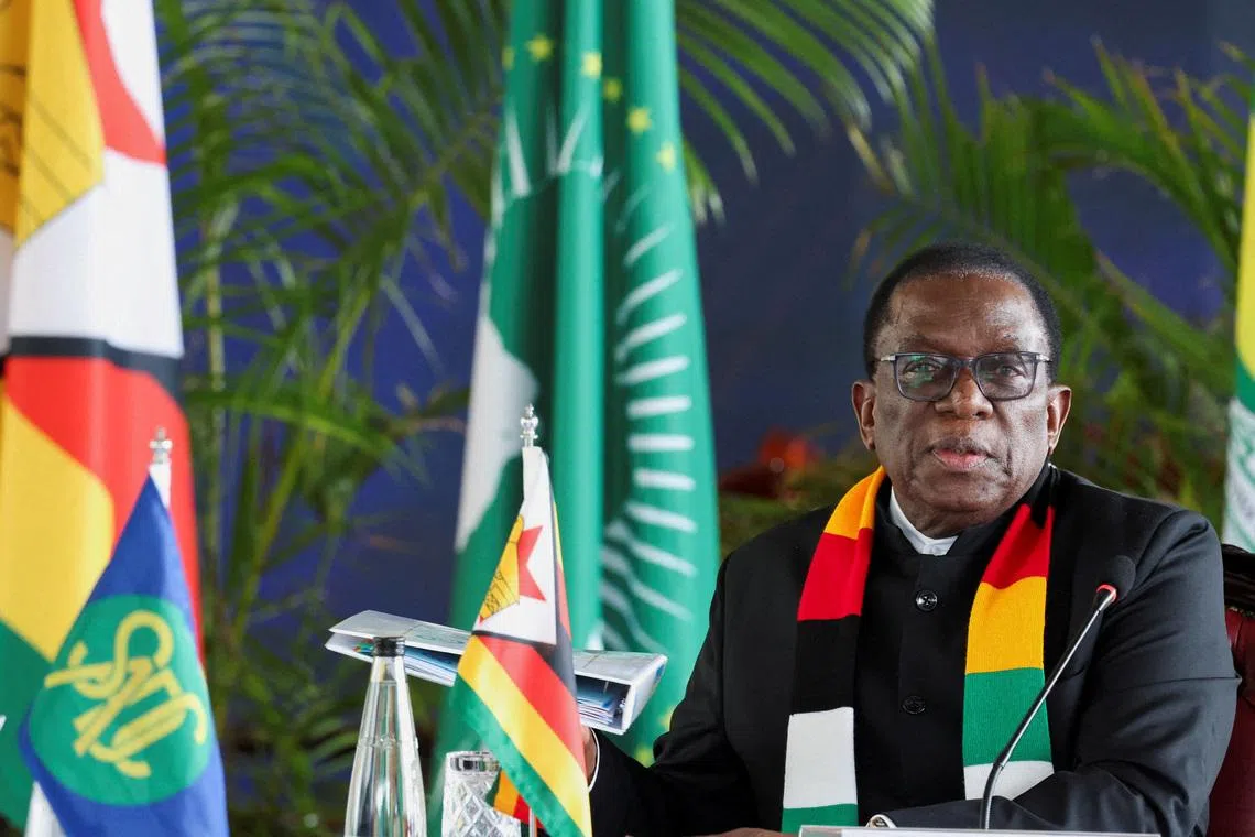 FILE PHOTO: Zimbabwe's President Emmerson Mnangagwa, attends the Heads of State from Southern and Eastern Africa meeting in Nairobi to discuss efforts to make peace in eastern Democratic Republic of Congo, at the State House in Nairobi, Kenya August 1, 2025. REUTERS/Monicah Mwangi/File Photo