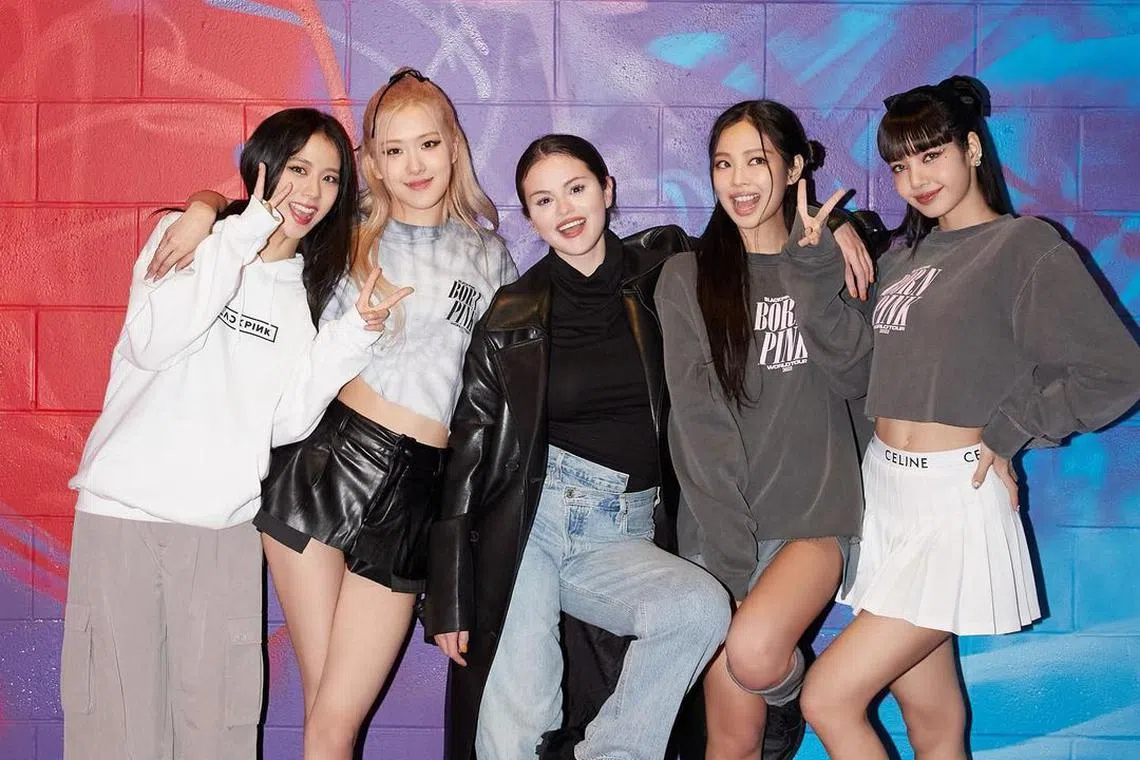 American singer-actress Selena Gomez (centre) has finally met K-pop girl group Blackpink in person after their 2020 collaboration.