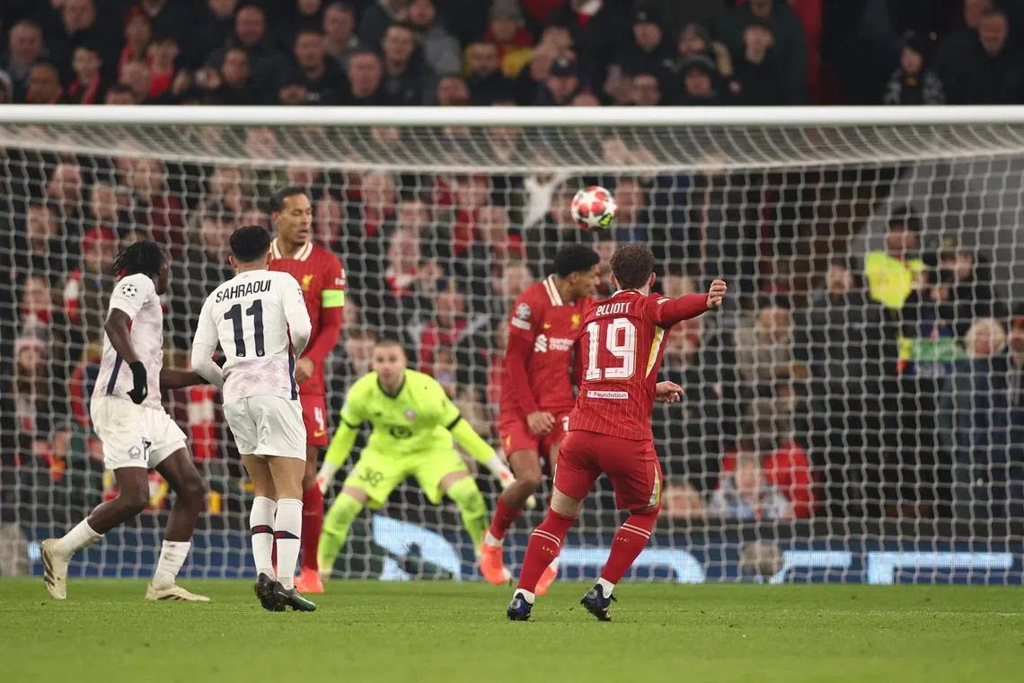 Liverpool's Harvey Elliott (right) scoring the winning goal for his team, against LOSC Lille on Jan 21.