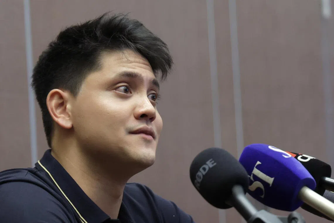 Swimmer and Olympic gold medallist Joseph Schooling addressing his retirement at a press conference at Chinese Swimming Club Recreation Complex on April 2, 2024.
