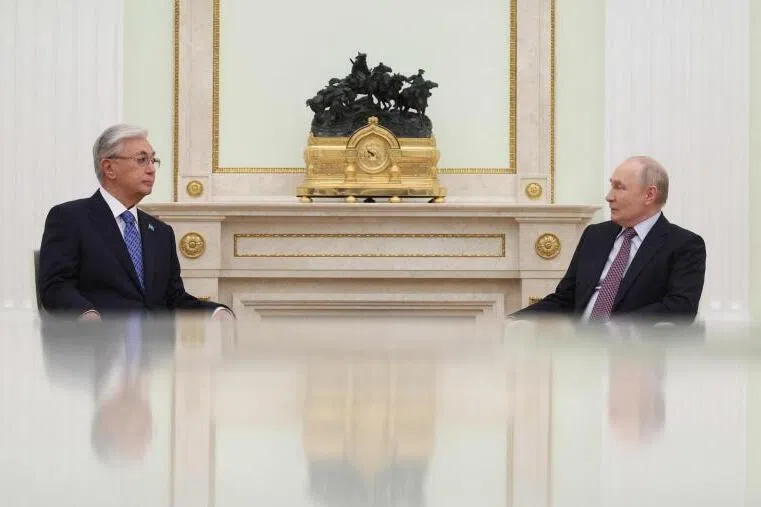 Russian President Vladimir Putin and Kazakh President Kassym-Jomart Tokayev meeting at the Kremlin in Moscow on May 8, 2026.