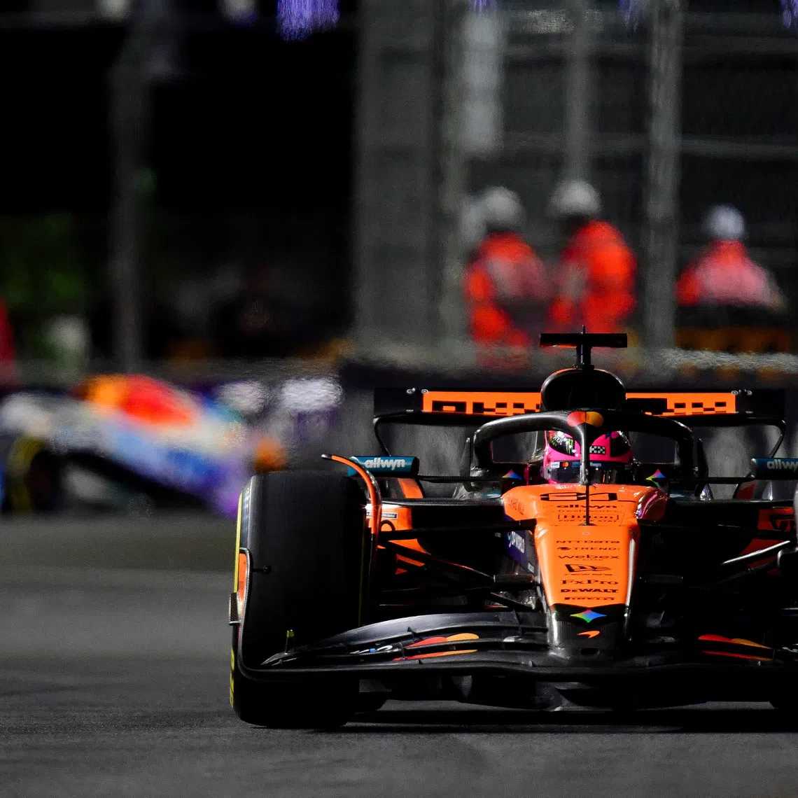Nov 21, 2025; Las Vegas, NV, USA; McLaren driver Oscar Piastri (81) during the Las Vegas Grand Prix at Las Vegas Strip Circuit. Mandatory Credit: Gary A. Vasquez-Imagn Images