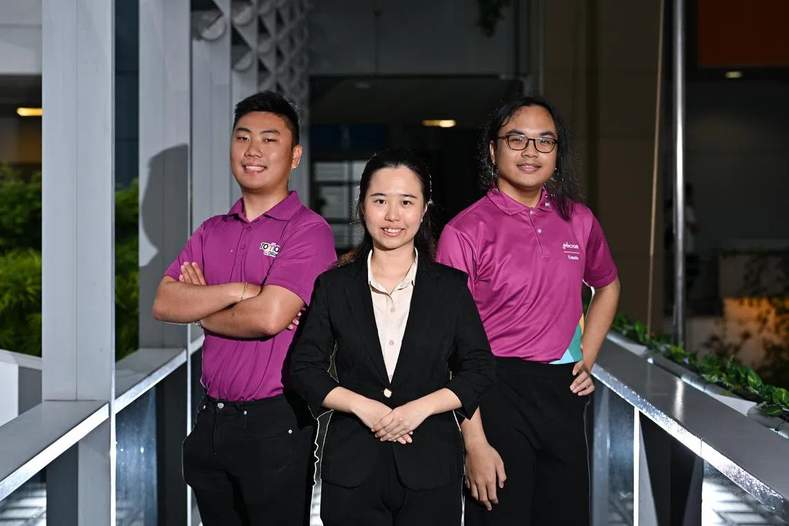 ST20240606-202488365294-Lim Yaohui-Thian Wen Li-wltomo06/
(From left) Mr Rayner Teo, 23, Apprentice Associate Market Manager, graduated from TAP2021; Ms Lai Su Ying, 19, graduated from Temasek Polytechnic, one of the TAP participants in Singlife from TAP2024; and Ms Ari Hamed, 21, Digital Innovation Analyst, graduated from TAP2023; attending Tomo Day 2024 at Nanyang Polytechnic on June 5, 2024.
Tomo Day 2024, celebrating the 5th anniversary of TomoWork, a charitable non-profit organization in Singapore dedicated to empowering persons with disabilities (PWDs) and students with Special Educational Needs (SEN) to achieve meaningful employment opportunities.
The event will be attended by Guest of Honour Mr. Eric Chua, Senior Parliamentary Secretary, Ministry of Culture, Community and Youth & Ministry of Social and Family Development.
(ST PHOTO: LIM YAOHUI)