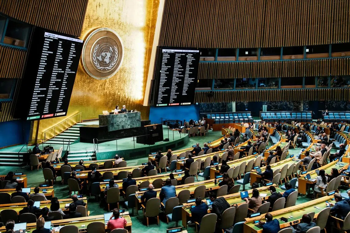 Members of the United Nations General Assembly voting on Sept 12. 142 countries approved a non-binding resolution reviving the two-state solution.