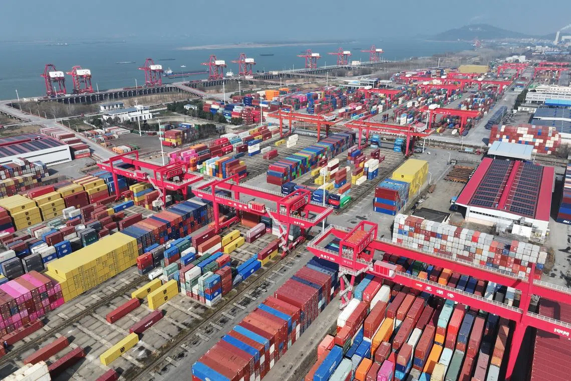 FILE PHOTO: A drone view shows containers and cargo ships at a port in Wuhu, Anhui province, China February 4, 2025. China Daily via REUTERS/File Photo
