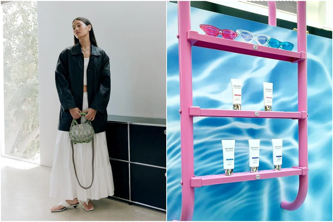 The Knot Bag (left) is an everyday bag that comes in six colourways, while Japanese beauty brand Decorte's beauty counter at Buhgis Junction will sport a pool theme till June 30.