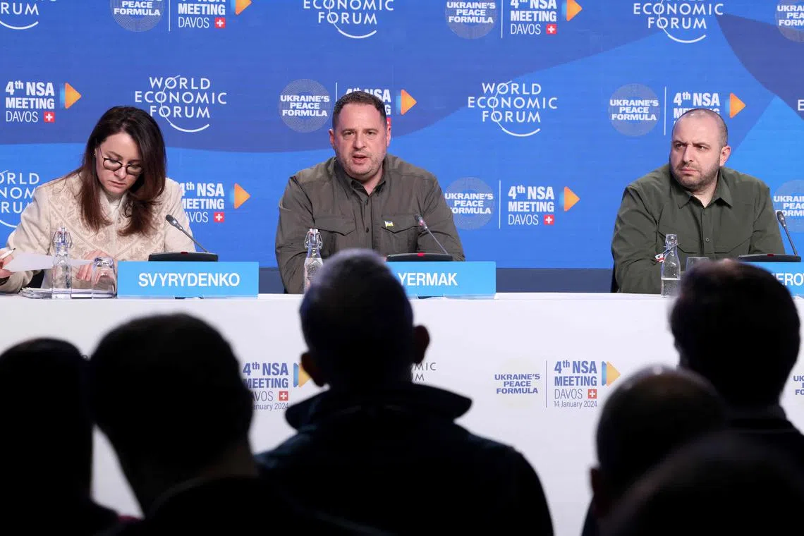 Ukrainian officials hold a press conference following a high-level diplomatic meeting on achieving peace in Ukraine, ahead of the World Economic Forum in Switzerland.
