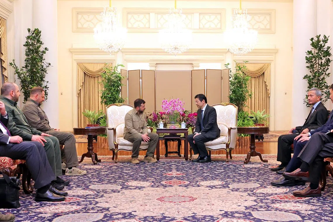 Prime Minister Lawrence Wong meeting with Ukraine President Volodymyr Zelensky at the Istana, Singapore, on 2 June 2024.
