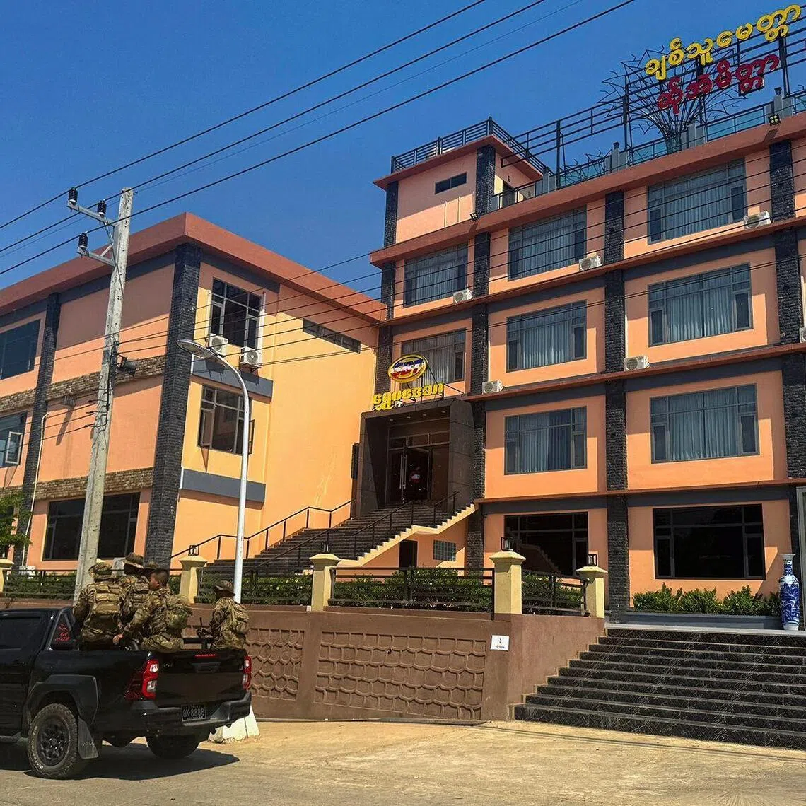 Members of the Karen Border Guard Force patrol during a crackdown operation on illicit activity linked to scam centres in Shwe Kokko in Myanmar's eastern Myawaddy township.