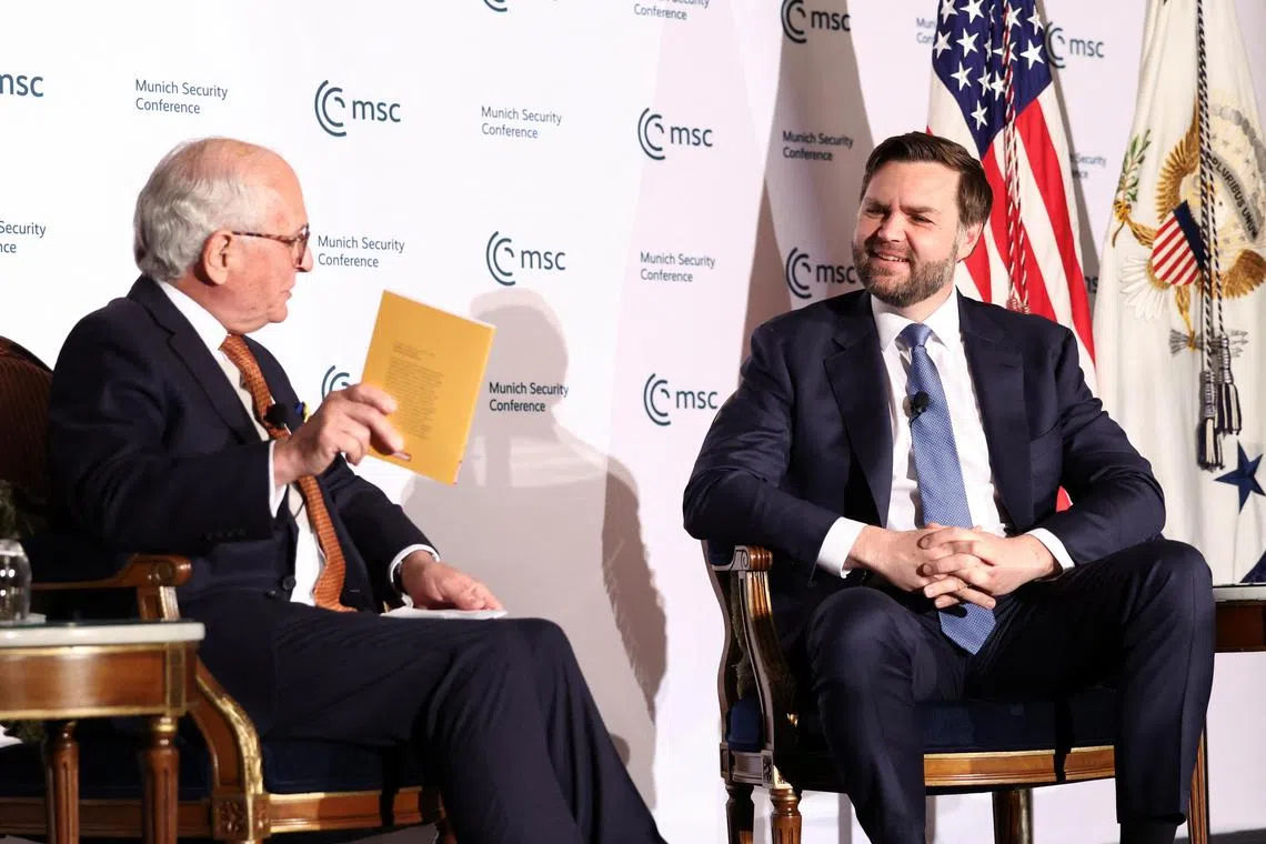 US Vice-President J.D. Vance (right) taking part in a discussion moderated by Mr Wolfgang Ischinger, former chairman of the Munich Security Conference, in Washington on May 7.