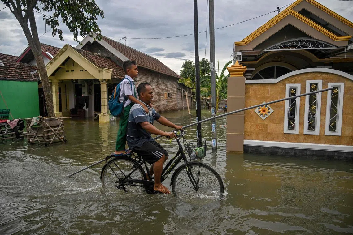 A man and his son riding a bicycle through floodwaters from an overflowing river following torrential rain in Tempuran village in Mojokerto, East Java province, on December 9, 2024.