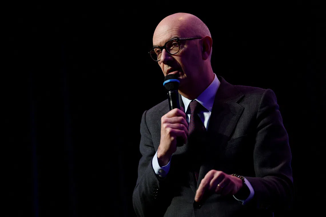 French Minister for Economy, Finance, and Industrial, Energy and Digital Sovereignty Roland Lescure delivers the opening speech during the \"Choose France - Edition France Summit\", with only French companies and investors, at the Maison de la Chimie in Paris, France, November 17, 2025. REUTERS/Benoit Tessier