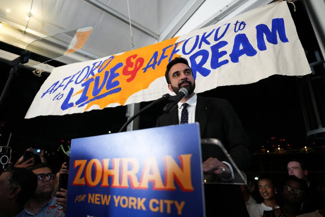 FILE PHOTO: Zohran Mamdani speaks during a watch party for his primary election, which includes his bid to become the Democratic candidate for New York City mayor in the upcoming November 2025 election, in New York City, U.S., June 25, 2025. REUTERS/David 'Dee' Delgado/ File Photo